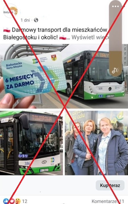 Zrzut ekranowy przedstawiający fałszywe informacje