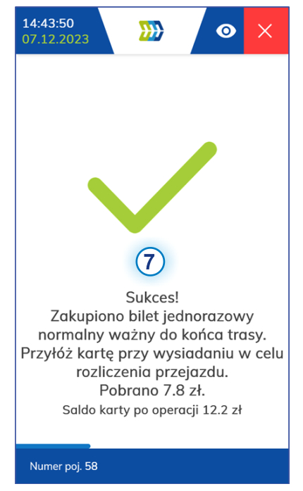 Ekran główny kasownika NV1 - potwierdzenie zakupu do końca trasy