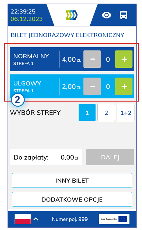 Ekran główny kasownika NV1 - wybór biletu