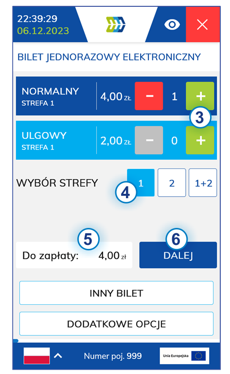 Ekran główny kasownika NV1 - wybór biletu