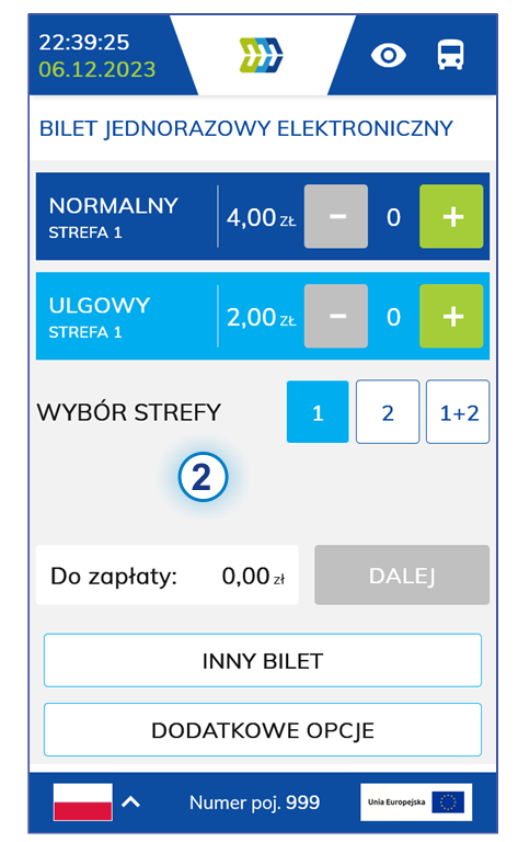 Ekran główny kasownika NV1 - wybór biletu