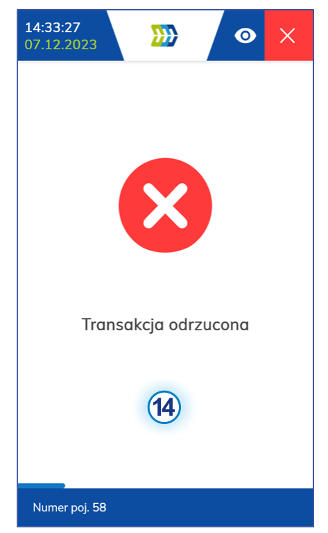 Ekran kasownika NV1 - transakcja odrzucona