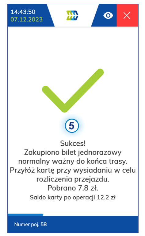 Ekran główny kasownika NV1 - potwierdzenie zakupu do końca trasy