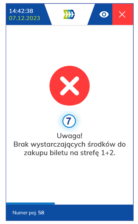 Ekran kasownika NV1 - brak wystarczających środków