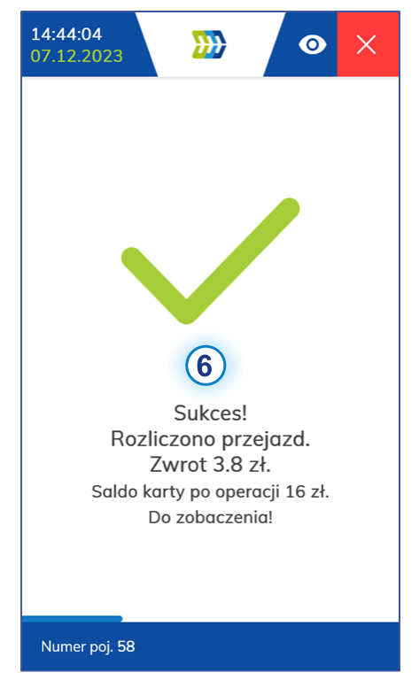 Ekran główny kasownika NV1 - rozliczenie przejazdu ze zwrotem