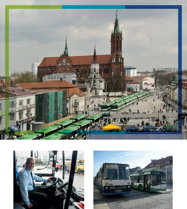Trzy zdjęcia archiwalne. Górne przedstawia widok na Rynek Kościuszki, na którym są nowo zakupione autobusy pomalowane w barwy biało zielone. Na dolny lewym zdjęciu uśmiechnięty kierowca. Na dolnym prawym stary Ikarus i obok nowy Solaris.